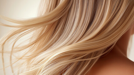 Naklejka premium Flowing blonde hair with vibrant highlights, showcasing rich texture and glossy shine, ideal for a fashion-forward, sun-kissed look.