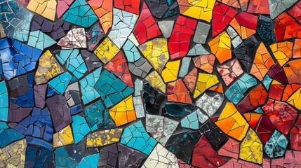 Colorful mosaic artwork featuring vibrant geometric patterns in a grand public space on a sunny day