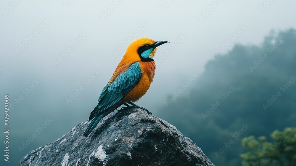 Canvas Prints A colorful bird perched on a rock with a misty background. 