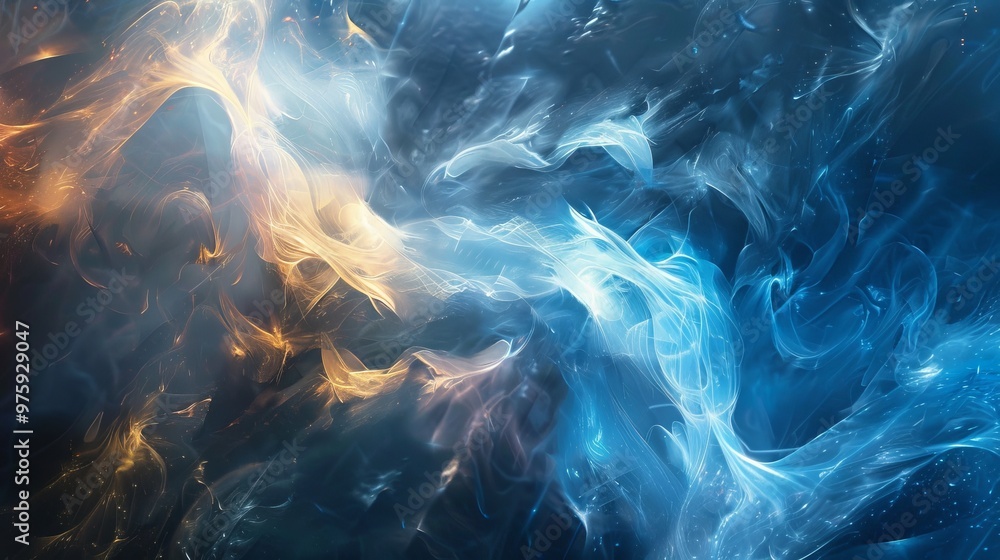 Poster dynamic swirling colors blend in an abstract pattern resembling cosmic energy in a deep blue atmosph