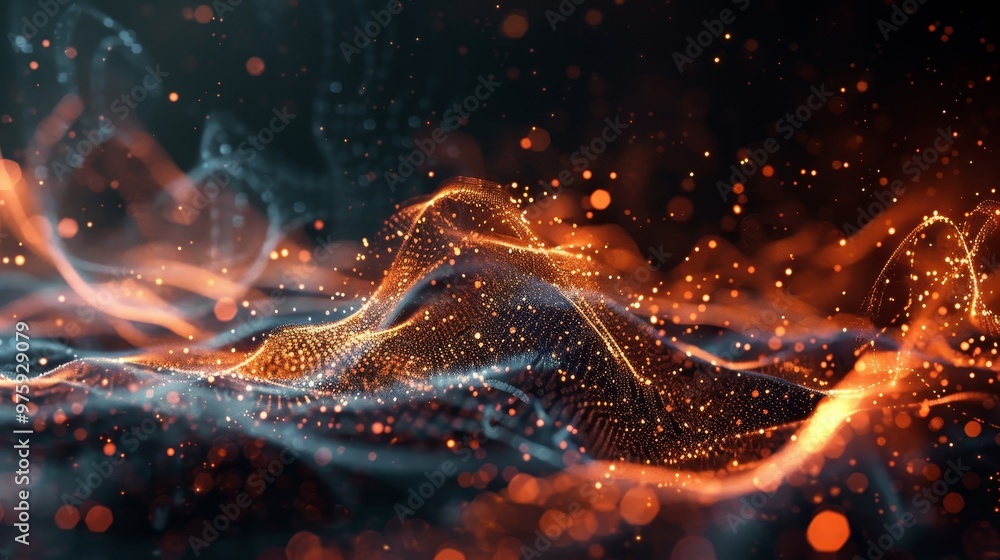 Poster dynamic swirl of vibrant colors and glowing particles create an abstract composition filled with ene