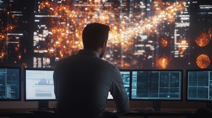 Man monitoring data screens in high-tech control room.