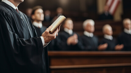 A dramatic courtroom moment with individuals swearing on Bibles, highlighting the significance and gravity of the oath-taking process. photo