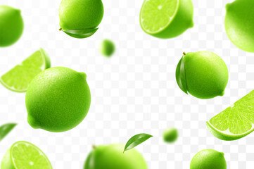 Flying ripe lime. Bright advertising background falling juicy green lime, realistic illustration with blurred effect. 3d vector design for advertising banners and web page design