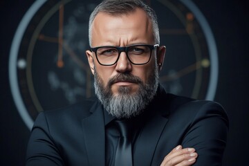 Obraz premium Portrait of a stern man in a black suit standing confidently against a clock backdrop symbolizing authority leadership and precision in a corporate environment