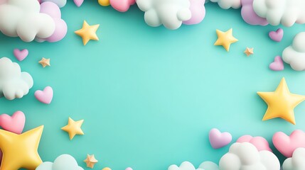 Fototapeta premium Whimsical pastel clouds, stars, and hearts forming a dreamy border on a teal background. Perfect for children's content and festive designs.