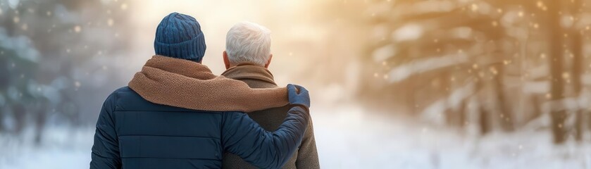 A son adjusting his elderly father's scarf as they prepare for a walk in cold weather, winter coats and gloves