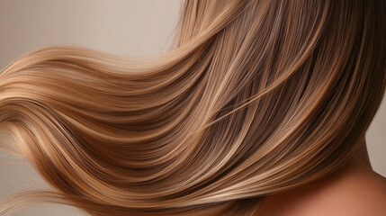 Fototapeta premium Flowing caramel brown hair with warm golden highlights, with rich texture and a healthy shine, showcasing natural beauty.