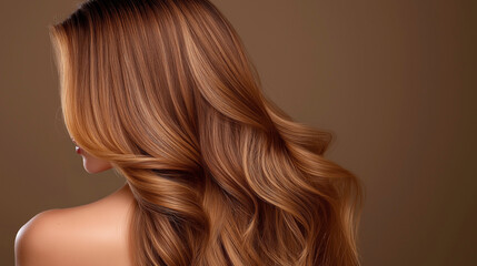 Fototapeta premium Flowing caramel brown hair with warm golden highlights, with rich texture and a healthy shine, showcasing natural beauty.