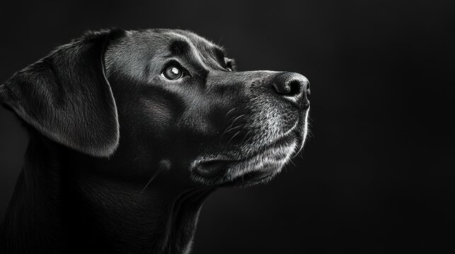 Dark black and white portrait of a dogs head on black background