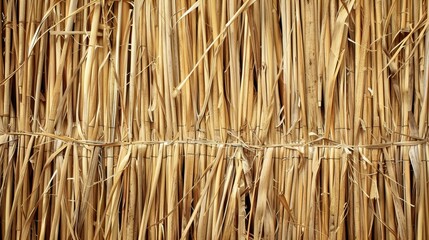 Natural straw texture used in traditional construction methods for roofing and insulation in rural areas during daylight