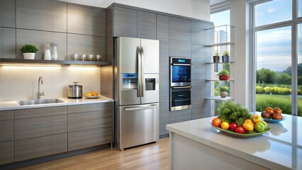 Smart refrigerator in a high-tech kitchen with touch screen and Wi-Fi connectivity||smart refrigerator, high-tech kitchen, touch screen, Wi-Fi, modern appliance