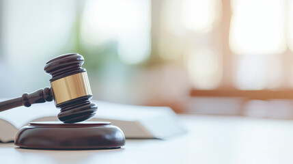 A close-up of a judge's wooden gavel resting on a law book, symbolizing justice and authority, set on a clean surface. photo