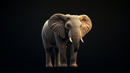 Fototapeta premium A 3D picture of an elephant standing on a dark background, illuminated from the top to highlight its majestic form and detailed features. photo