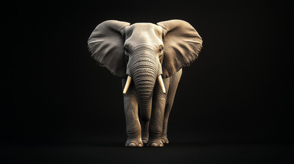 Fototapeta premium A 3D picture of an elephant standing on a dark background, illuminated from the top to highlight its majestic form and detailed features. photo