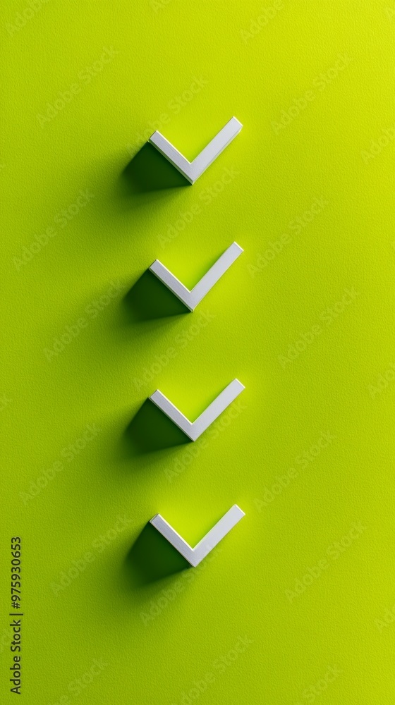Poster white check marks on lime green background, minimalistic concept