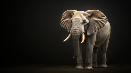 Obraz premium A detailed 3D image of an elephant on a dark background, with soft top lighting that casts dramatic shadows and highlights its size and elegance. photo