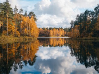 Autumnal Forest Reflected in Still Water