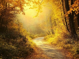 Fototapeta premium Sunlit Path Winding Through an Autumn Forest