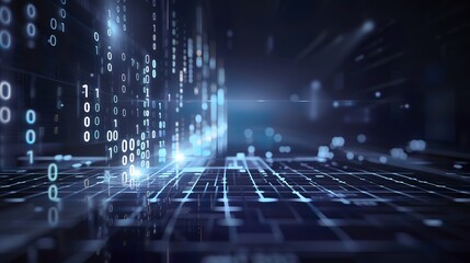 Abstract technology background featuring binary code and light beams in a blue color scheme, showcasing a high-resolution, upscale data flow concept.