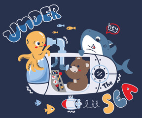 Happy teddy bear cartoon in submarine underwater journey and fish friend on navy blue background illustration vector.