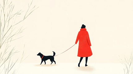 Illustration of a person wearing a red coat walking a dog on a leash against a minimalist background, depicting a peaceful outdoor stroll.