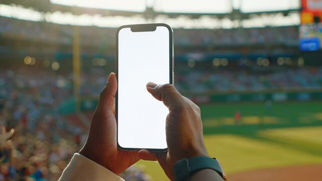 Pov Close-Up Sport Fan Hand Holding Smartphone with Blank White Screen at Baseball Crowed Stadium