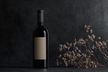 Elegant wine bottle with blank label, dried flowers nearby
