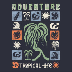 Summer Vintage retro modern graphic art for Summer tee prints. vector summer beach sunset with palm tree, Long beach, summer vibes hand draw, summer slogan. Aloha surf typography for t-shirt print ,