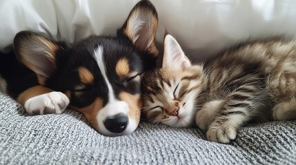 A puppy and a kitten cuddling on the bed like the best of pals