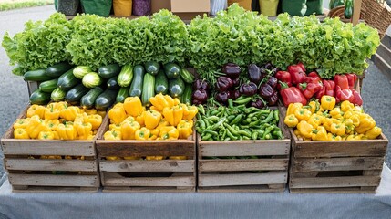 7. A market stall overflowing with organic produce, including fresh lettuce, peppers, and zucchini, displayed in wooden crates, with eco-friendly bags in the background