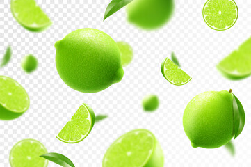Flying ripe lime. Bright advertising background falling juicy green lime, realistic illustration with blurred effect. 3d vector design for advertising banners and web page design