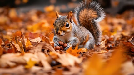 Fototapeta premium A close-up of a squirrel gathering acorns among fallen autumn leaves in a park.