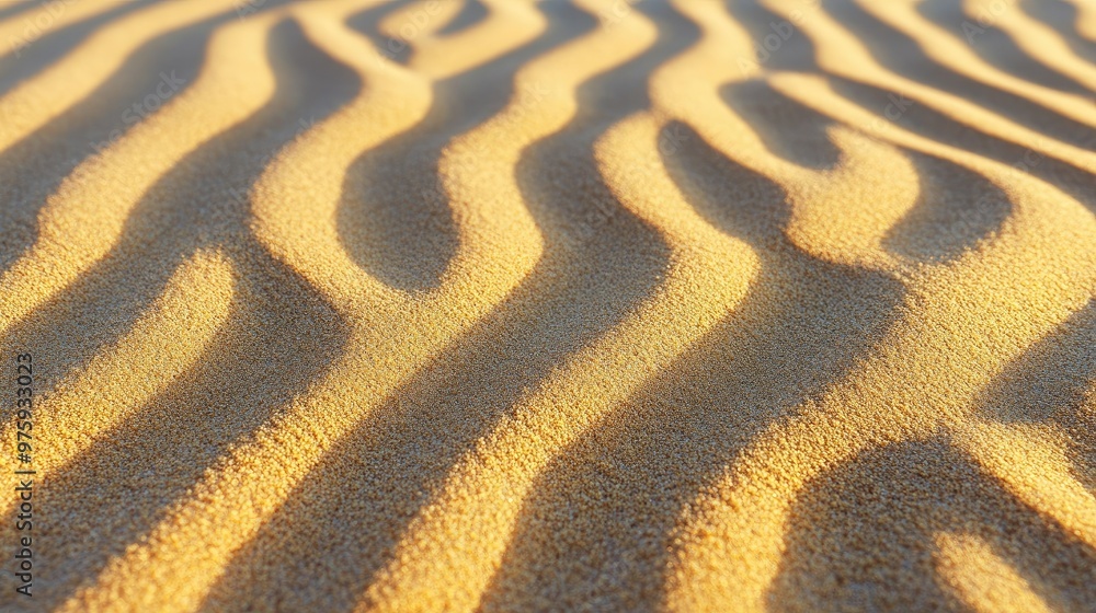 Poster a close-up of rippled sand patterns created by the wind across the surface of a desert dune.