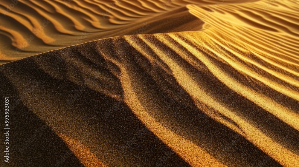 Poster a close-up of rippled sand patterns created by the wind across the surface of a desert dune.