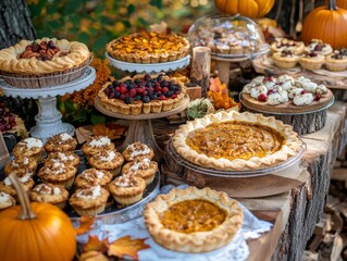 Fototapeta premium A Rustic Autumnal Dessert Spread with Pies, Tarts, and Cupcakes
