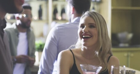 Man, women and drinks at nightclub talking at social event, happy hour for music dj entertainment. Group, friends and toast conversation on dance floor for cocktail alcohol, crowd for celebrating