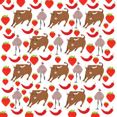 bull, emu with chili and strawberry as a pattern background