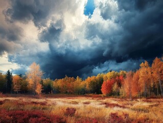 Fototapeta premium Autumnal Forest Under a Dramatic Stormy Sky