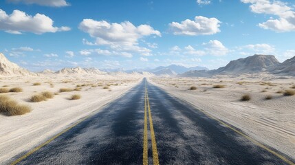 Naklejka premium A desert highway stretching out into the distance, cutting through vast stretches of sand and rock.