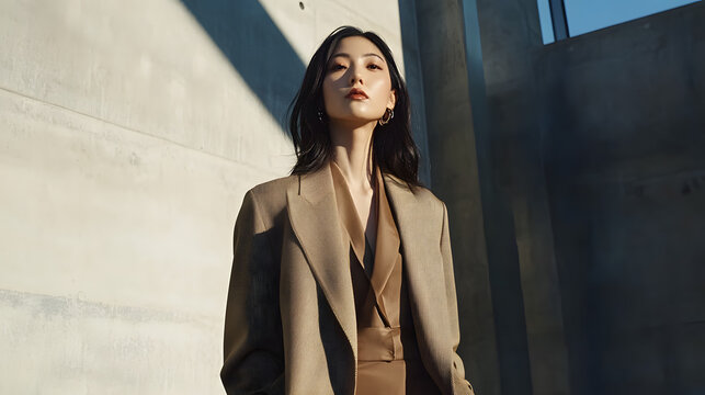 Confident woman in muted outfit by concrete walls