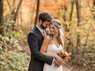 Fototapeta premium A Bride and Groom Embrace in an Autumnal Forest