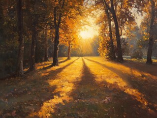 Obraz premium Sunbeams Through Autumn Forest Trees Casting Long Shadows on Golden Grass