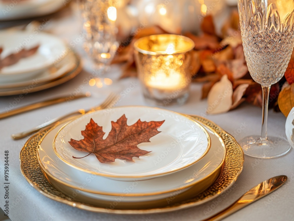 Poster autumnal table setting with a single dried leaf on a plate