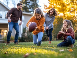 Fototapeta premium Family Playing Football in Autumnal Backyard