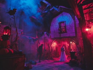 Obraz premium A Haunted Halloween Scene with Figures in a Smoky, Neon-Lit Building