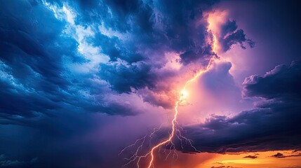 Obraz premium A dramatic lightning bolt striking the horizon during a heavy thunderstorm.