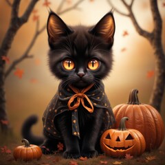 Obraz premium Halloween banner featuring a cute blak cats Halloween attributes, small pumpkins on orange and black background