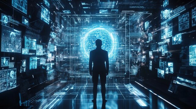 Person in futuristic data center facing digital brain
