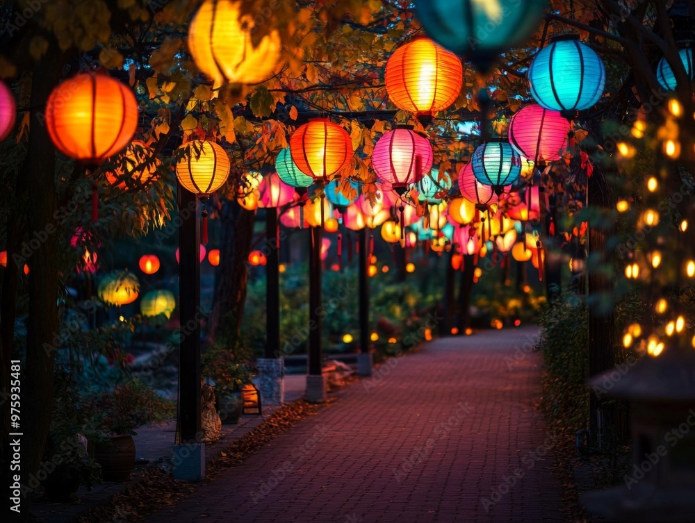 Poster illuminated pathway with colorful lanterns and string lights